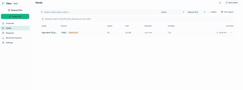 Filarr Send dashboard — manage encrypted shares, views and expiry